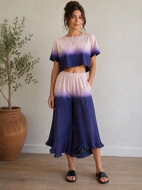 Umgee Ombre Wide-Leg Crop Linen/Rayon Pants in Pink and Purple size medium